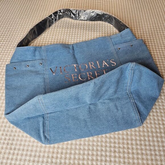 Victoria's Secret Hey Angel Light Denim Studs Metallic Rose Gold Weekender Tote - Picture 6 of 11